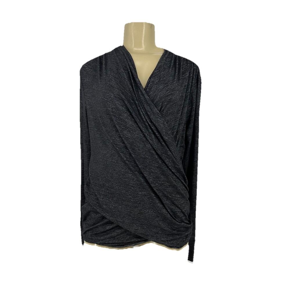 Athleta Medium Women Odyssey V-neck Wrap Top Sleeve Gray Black Stretch Knit 8-8
